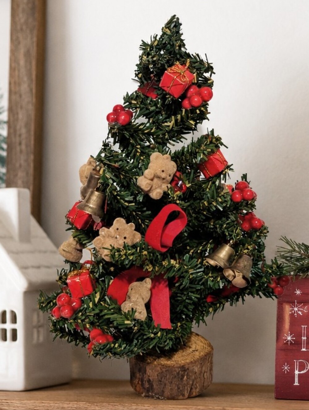 Mini Rustic Christmas Tree Decor w/ Bells Teddy Bears & Gifts | Vintage Style